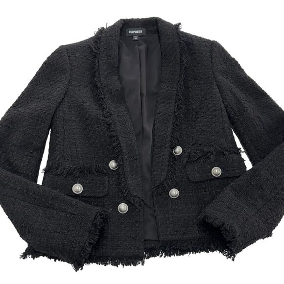 Express Jacket Womens XS Fringe Trim Tweed Pearl Button Stretch Blazer - Picture 1 of 9